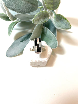 Natural Black Onyx Pearl Ring- Checkered