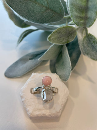 Natural White Herkimer Diamond with Pink Opal Ring