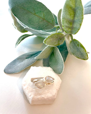 Natural Rainbow Moonstone Ring- Double Pear Shaped