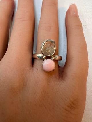 75 Herkimer Diamond w/Pink Opal Ring Sz 8