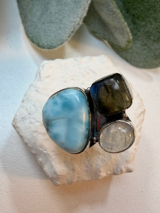 15 Larimar, Labradorite, Moonstone Ring Sz 6
