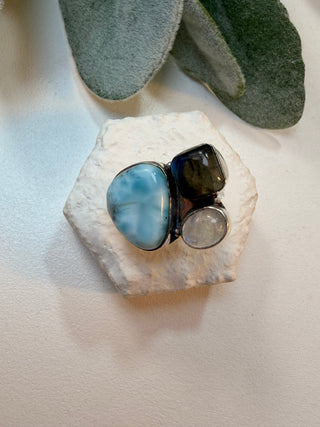 15 Larimar, Labradorite, Moonstone Ring Sz 6