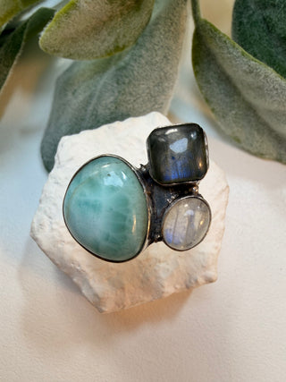 106 Larimar, Labradorite, Moonstone Ring Sz 9