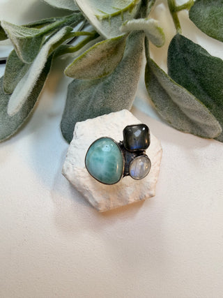 106 Larimar, Labradorite, Moonstone Ring Sz 9